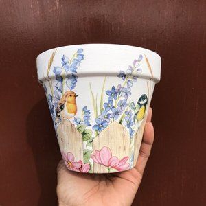 Hand-painted Terracotta Plant Pot Decoupaged Garden Decor Gift.